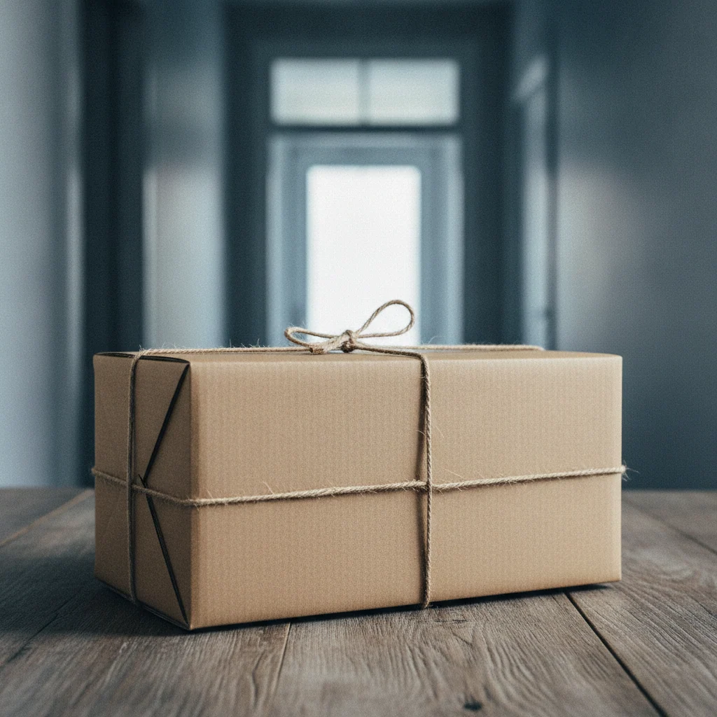 Netjes ingepakt kraft pakket op een tafel bij een heldere voordeur, klaar voor bezorging