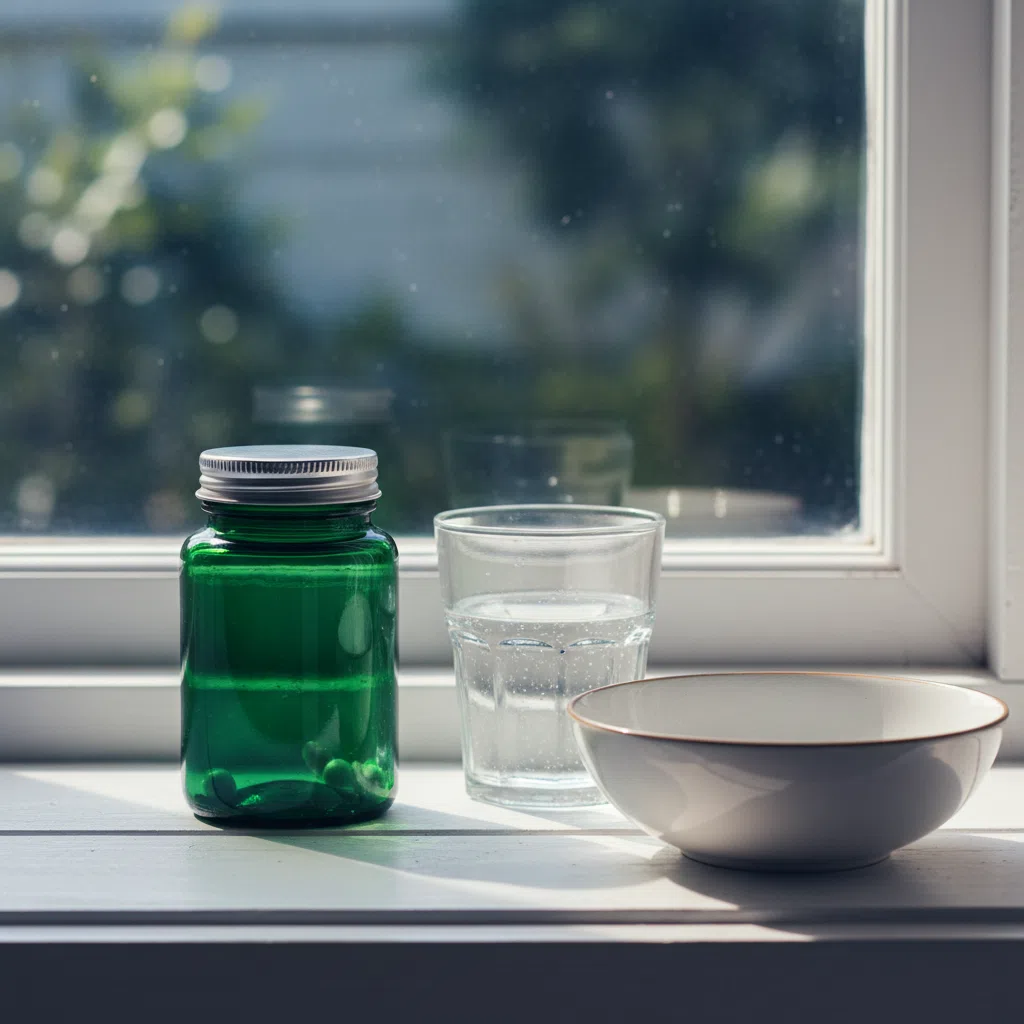 EliteCrest Support pot naast een glas water op een heldere keukenvensterbank in ochtendlicht