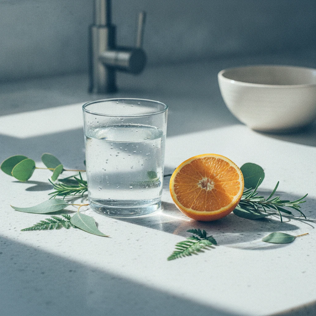Glas water, capsule en verse sinaasappels op een licht keukenblad in de ochtendzon