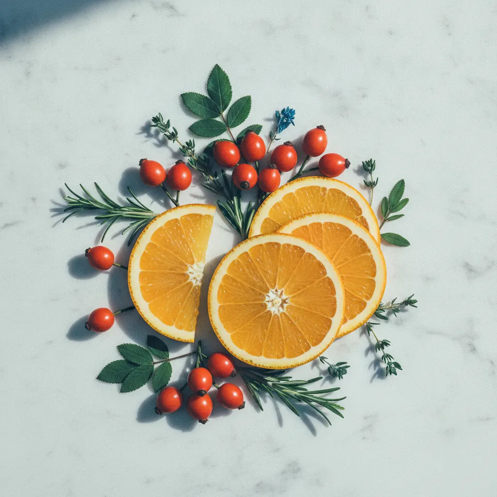 Verse sinaasappelschijfjes en rozenbottels op een stenen oppervlak voor vitamine C
