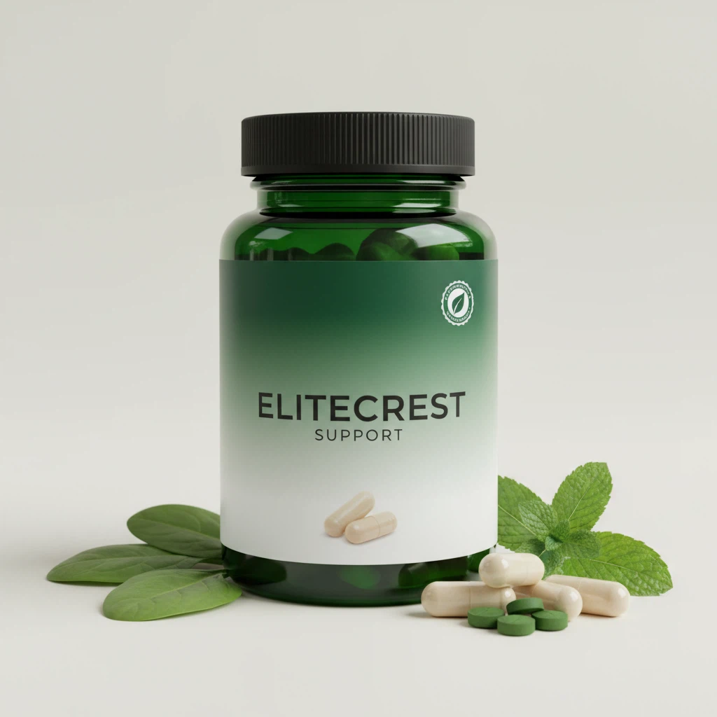 EliteCrest Support donkergroene glazen pot met zilveren deksel en witte capsules, studiofoto